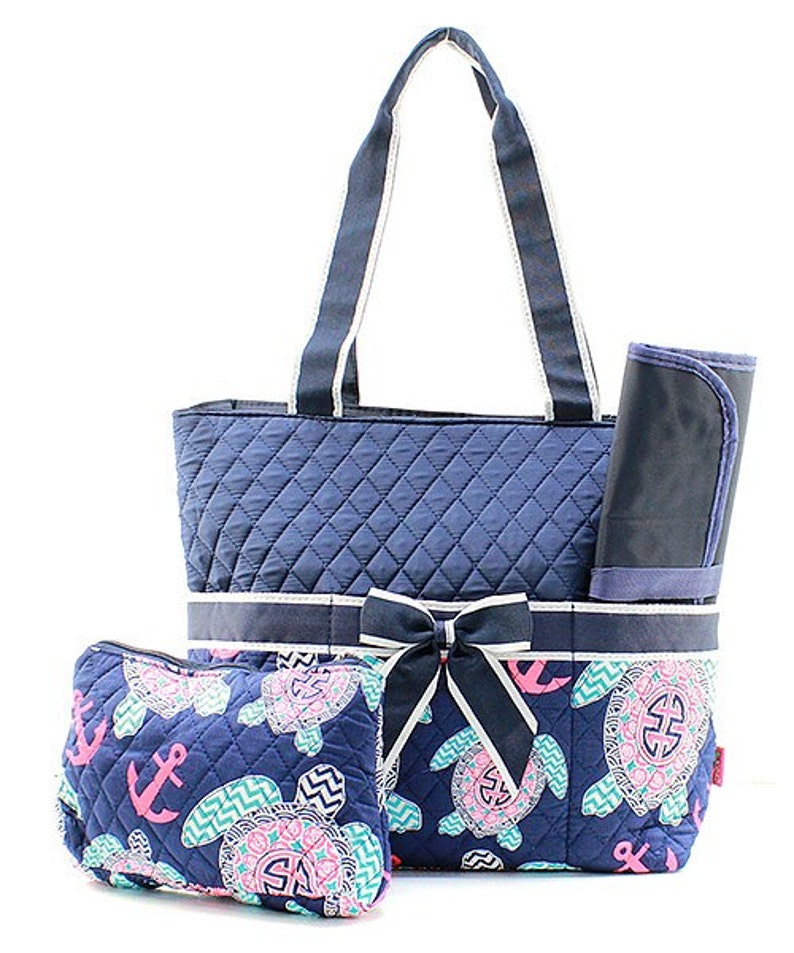 Turtle and Anchor Print Nautical Theme Monogrammed Diaper Bag Navy Blue Trim