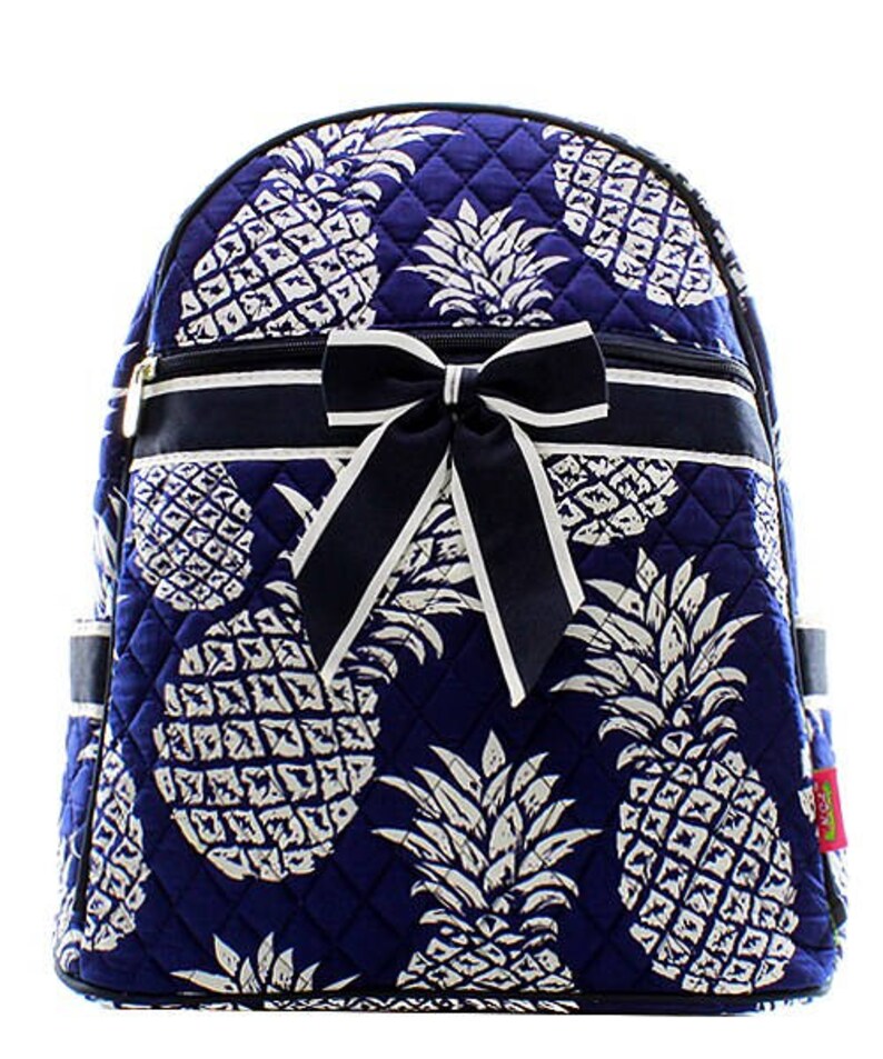 Preppy Pineapple Print Quilted Monogrammed Backpack Navy Blue Trim