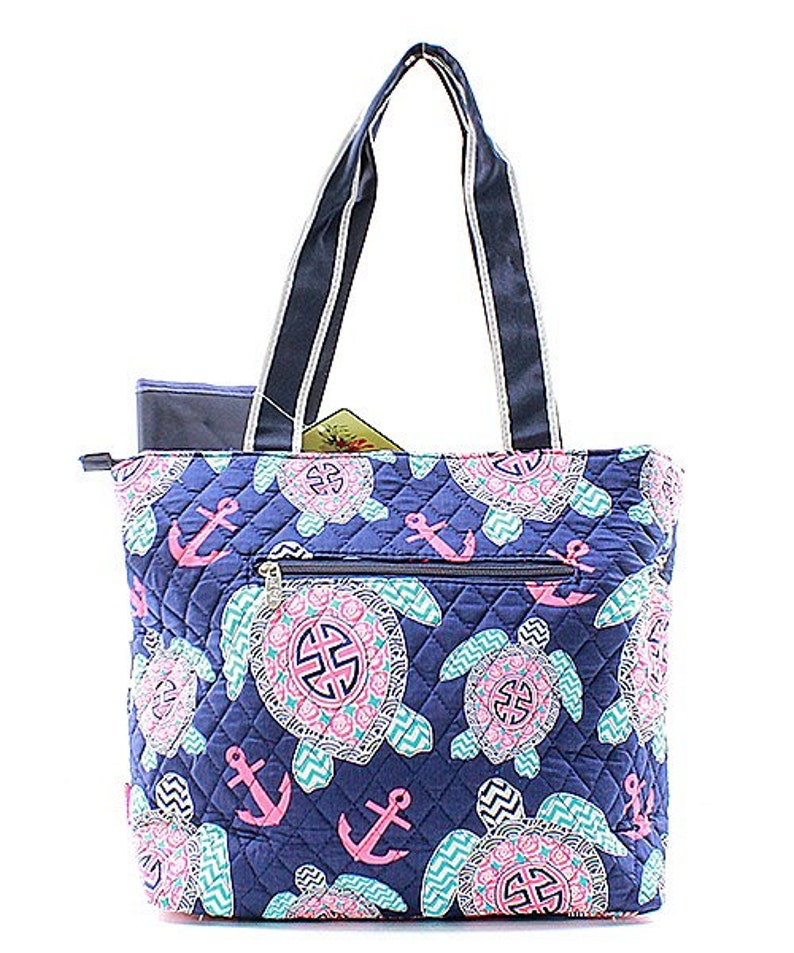Turtle and Anchor Print Nautical Theme Monogrammed Diaper Bag Navy Blue Trim