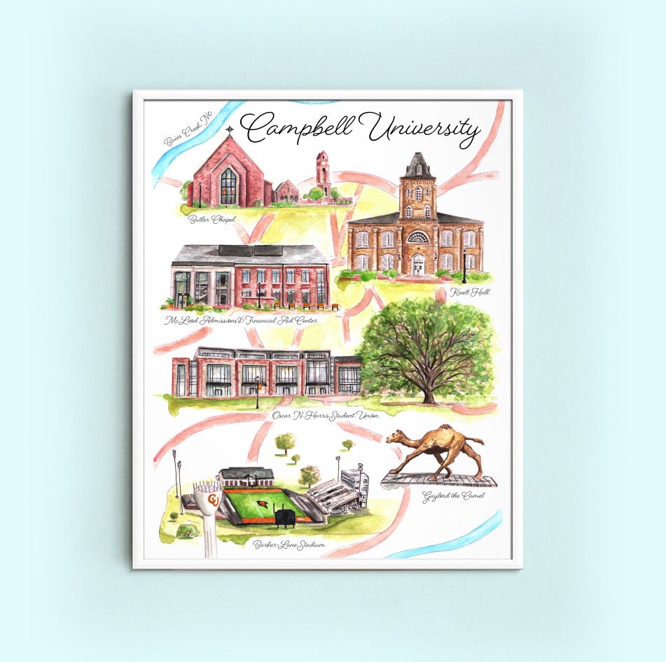 Campbell University Map Watercolor Print Go Camels Roll Etsy