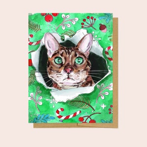 Tabby Cat Christmas Card: Green Eyes, Holiday Wrapping (Set of 4, 8, or 12)
