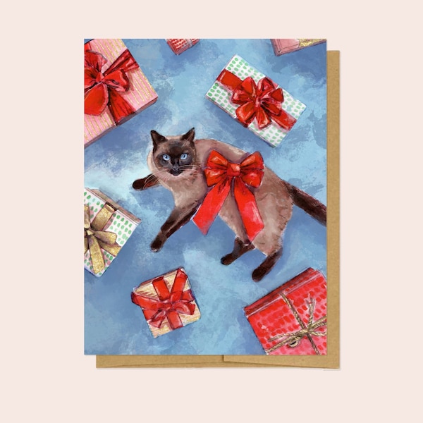 Adorable Cat Christmas Card Siamese Cat Blue Background and Gifts Holiday Card with Envelopes Included Set of 4 8 or 12 - Cute Cat Presents