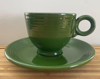 Vintage 1950s Fiestaware Cups and Saucer Plates, Genuine Original Fiesta Rose Pink Forest Green Hollowware, Mid Century Pottery Ceramic