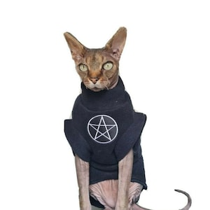 Op de afbeelding: Een haarloze kat draagt een zwart shirt met een witte pentagram op de voorkant. De kat zit op een witte achtergrond.