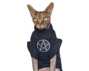 Puede incluir: Un gato sin pelo con una camiseta negra con un pentagrama blanco en la parte delantera. El gato está sentado sobre un fondo blanco.