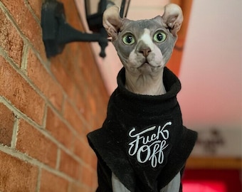 sizes F*** OFF  clothes for a sphynx cat,  Sphynx cat clothes, pet sweater, cat costume, goth cat clothes