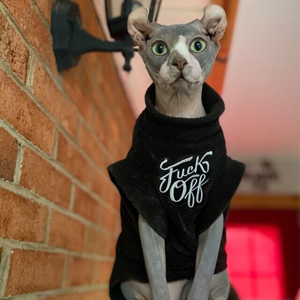 sizes F*** OFF  clothes for a sphynx cat,  Sphynx cat clothes, pet sweater, cat costume, goth cat clothes