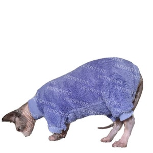 May include: A purple fuzzy cat onesie for a small dog or cat. The onesie has long sleeves and a hood. The cat is wearing the onesie and is looking down.