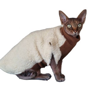 May include: A brown and white cat wearing a white fleece sweater. The cat is sitting on a white background.