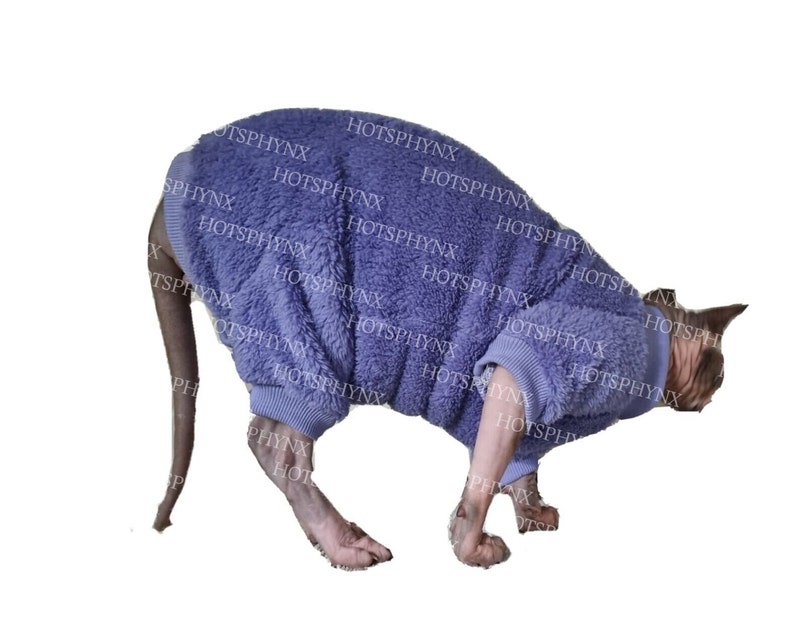 May include: A purple fuzzy cat sweater for a small dog or cat. The sweater has long sleeves and a turtleneck.