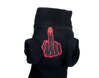 May include: Black fleece dog sweater with a red embroidered middle finger.