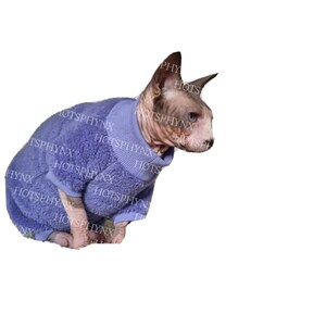 May include: A hairless cat wearing a purple fleece sweater. The cat is sitting on a white background.