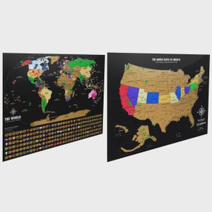 May include: Two scratch-off wall maps on a black background. The left map shows the world with colorful continents and a row of national flags. The right map displays the United States of America with gold states and some colored regions.