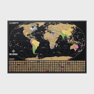 May include: A rectangular scratch-off world map poster with a black background and gold foil overlay. The map features colorful landmasses, white grid lines, and the text "LANDMASS" and "THE WORLD". A grid of national flags is printed at the bottom.