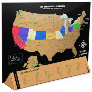 May include: A scratch-off map of the United States of America featuring national parks and highest peaks. The map has a black background with gold-colored states, some highlighted in blue, red, or green. Includes a triangular cardboard tube.