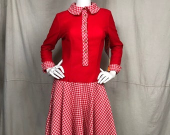 Red Checked Dress 60s Long Sleeve // Deadstock Red White Dress Wide Collar Happenings