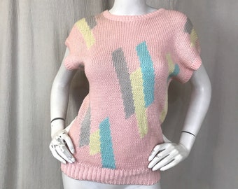 Pull abstrait 80s Short Sleeve Sweater Pastel Pink Cotton Knit Size Small Extra Small S XS