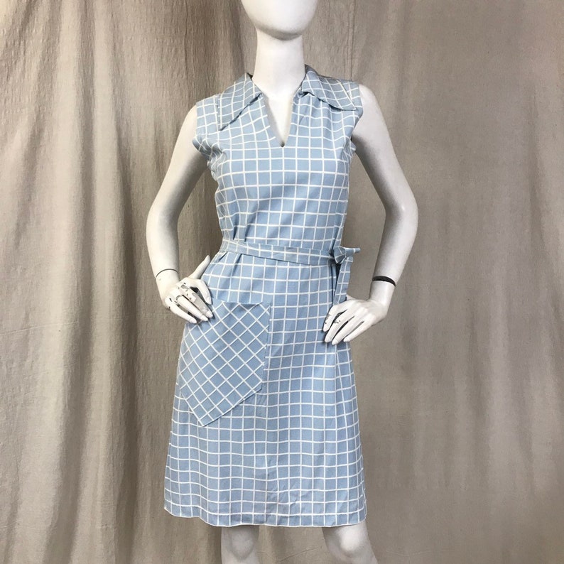 60s Sleeveless Dress Belted Windowpane  Blue White DEADSTOCK Size Small Collared Sky Blue