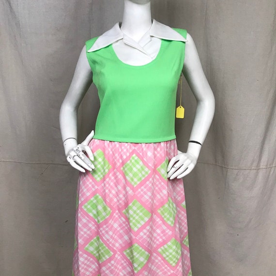 Maxi Dress Sleeveless 60s 70s // Green Pink Plaid… - image 2