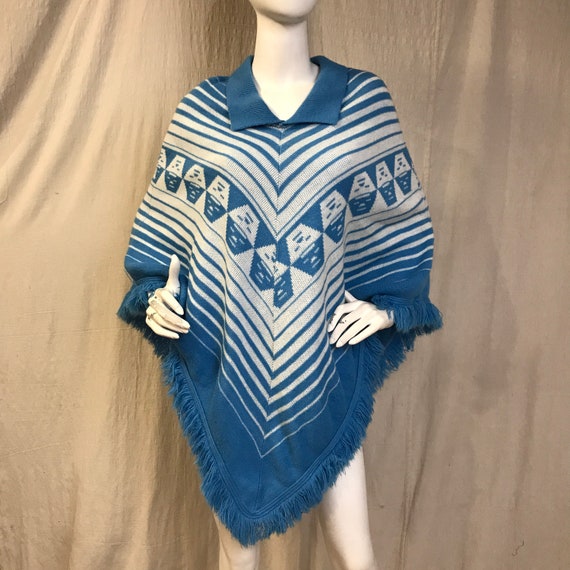 Knit Poncho Blue White Collared Vintage 60s 70s S… - image 2