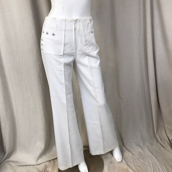 white crochet stretchy knit sheer pants 70s vintage high waisted flared leg trousers slacks XXS XS