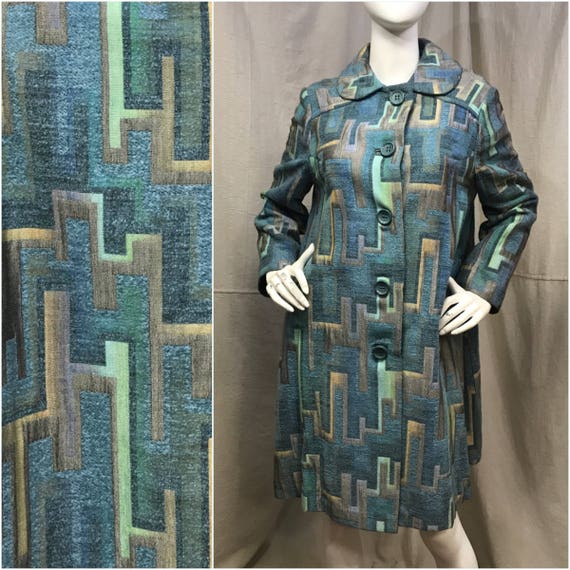 Blue Tapestry Dress Coat // Vintage Geometric Swin