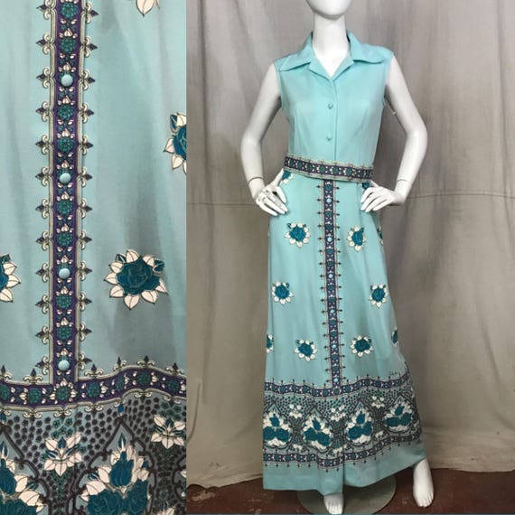 70s Shaheen Dress Floral Screen Print Flowers Maxi