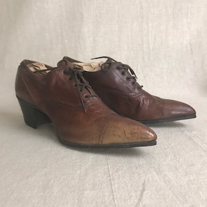 Edwardian Oxford Shoes 1910s Heels Brown Leather // Size 6 1/2 NOS Lace Up Victorian Granny Dandy Boots Deadstock