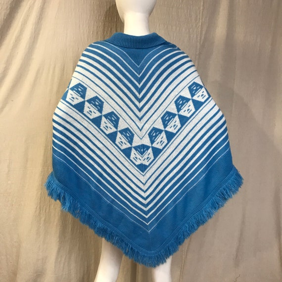 Knit Poncho Blue White Collared Vintage 60s 70s S… - image 1