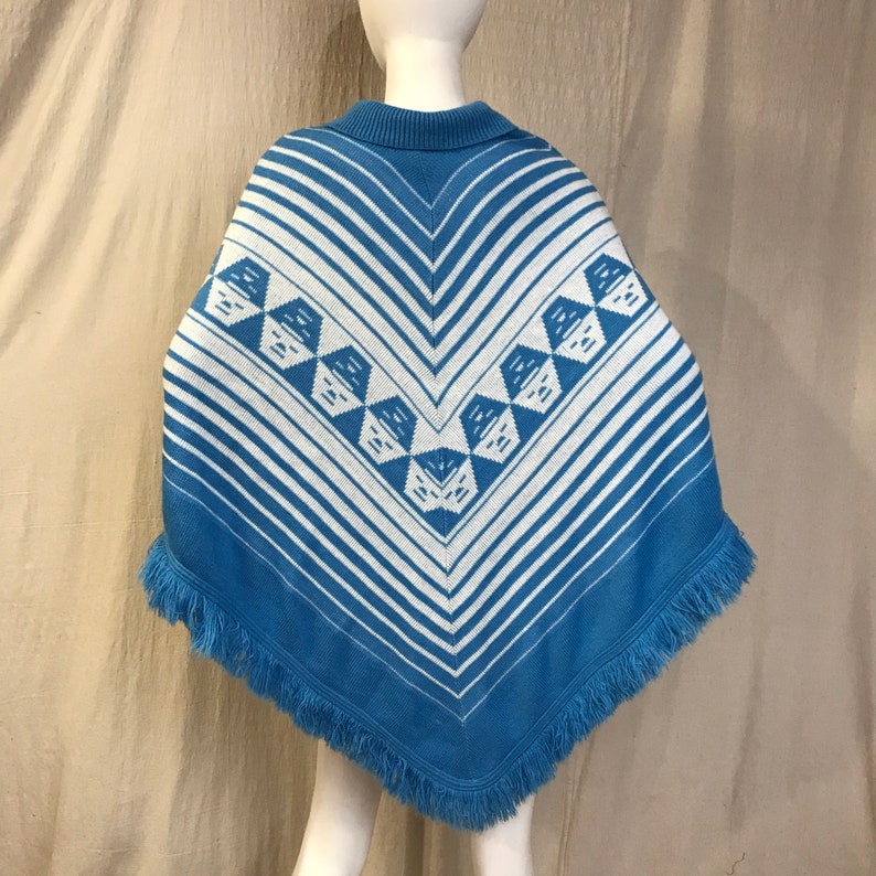 Knit Poncho Blue White Collared Vintage 60s 70s Sweater Cape image 1