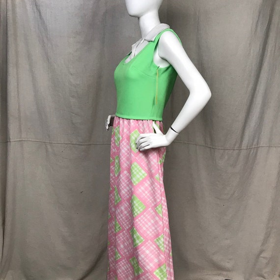 Maxi Dress Sleeveless 60s 70s // Green Pink Plaid… - image 3