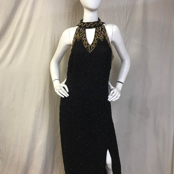 Beaded Sequin Dress Large // 80s Black Dress Halt… - image 1