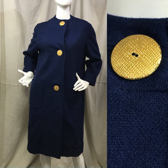 Wool Coat Blue 60s Cocoon Coat Gold Buttons Size M