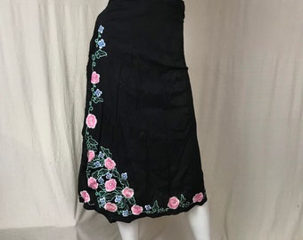 Embroidered Wrap Skirt Boho Hipster Style Floral Pink Black // Cotton Tied Skirt O/S One Size Fits Most DEADSTOCK Bali