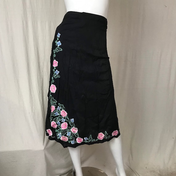Embroidered Wrap Skirt: Black Cotton Floral Bali … - image 1