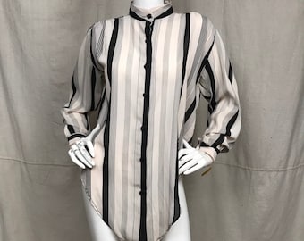 Striped Vintage Blouse Band Collar // Button Down Long Sleeve Shirt Women's Size Medium Deadstock Hot Stuff