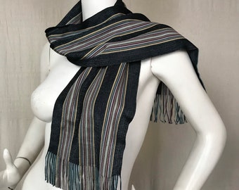 Pañuelo de punto vintage 30s // Rayas Negras Multi Color Ascot Fringe