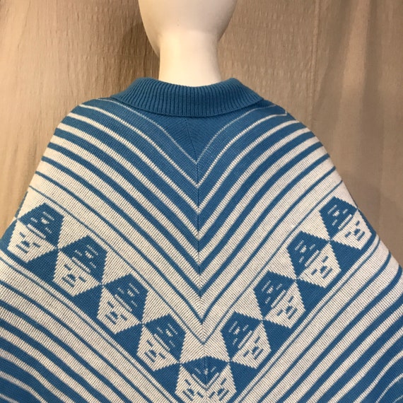 Knit Poncho Blue White Collared Vintage 60s 70s S… - image 5