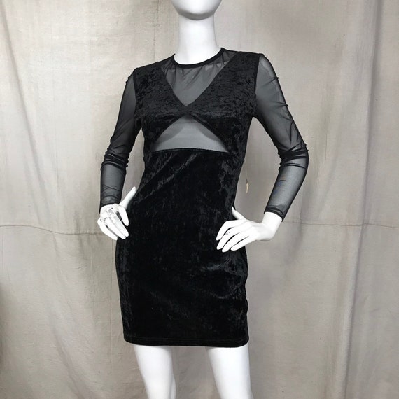 90s Velvet Dress Mesh Cut Out // Long Sleeve Even… - image 1