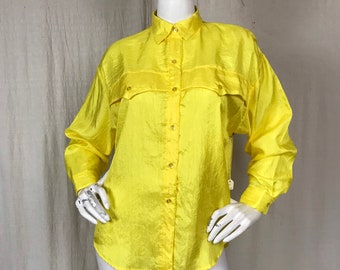 Shiny Yellow 80s Blouse Button Down DEADSTOCK Shirt Women's Size Medium Laura Mae