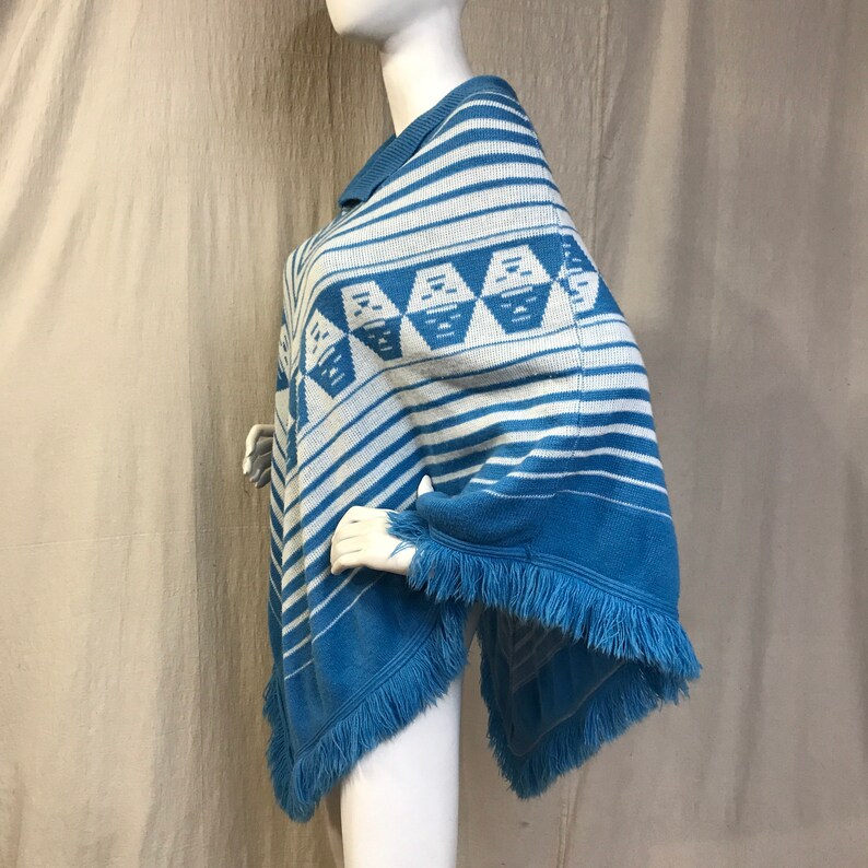Knit Poncho Blue White Collared Vintage 60s 70s Sweater Cape image 3
