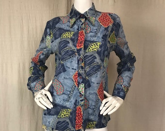 Chemise imprimée en jean des années 70, vintage haut boutonné pour femmes taille S petit M moyen Langtry