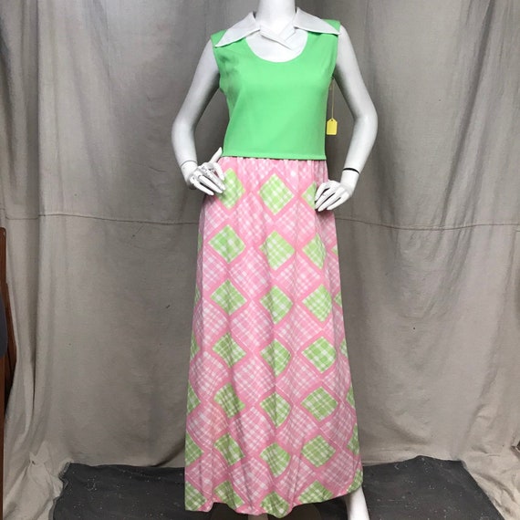 Maxi Dress Sleeveless 60s 70s // Green Pink Plaid… - image 1