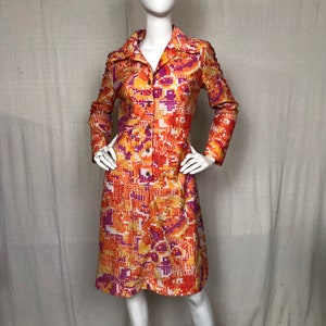 Orange Mod Dress 60s 70s Cross Stitch Style // Wide Collar Dress Size Small Medium