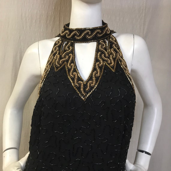 Beaded Sequin Dress Large // 80s Black Dress Halt… - image 4