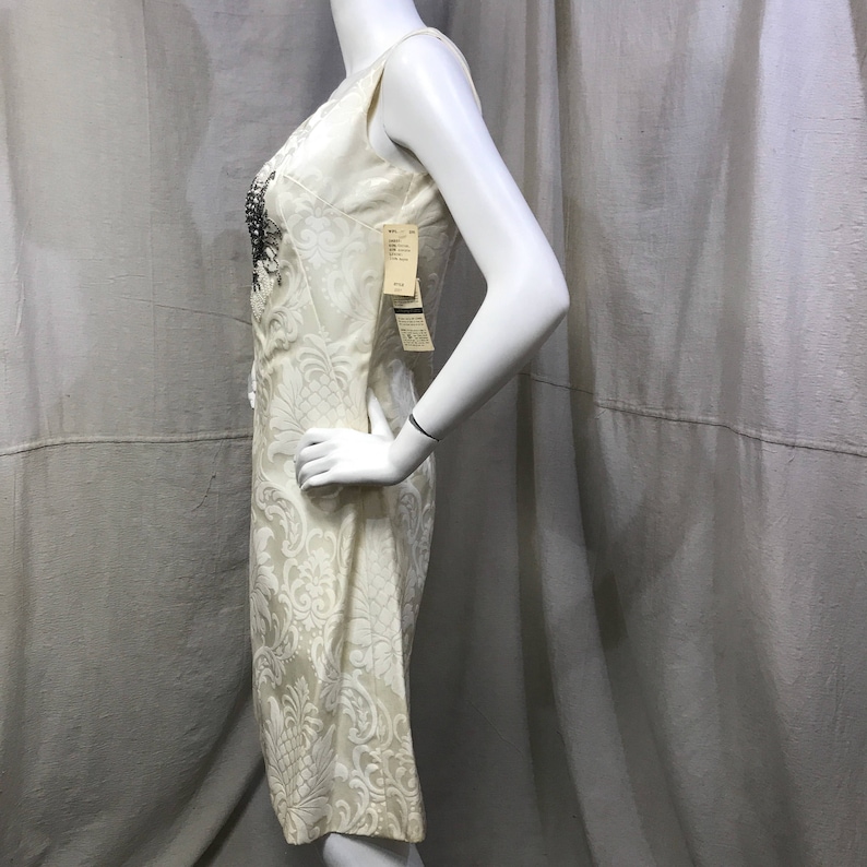 Beaded Sheath Dress 60s Damask Dress Vintage White Dress Sleeveless Minx Modes NOS Deadstock