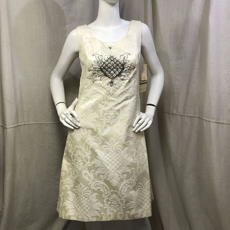 Beaded Sheath Dress 60s Damask Dress Vintage White Dress Sleeveless Minx Modes NOS Deadstock