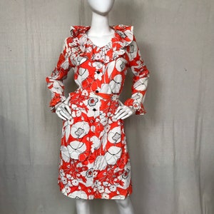 Ruffled Dress 60s Belted Long Sleeve // Deadstock Orange Dress Wide Collar Cay Artley Size 8