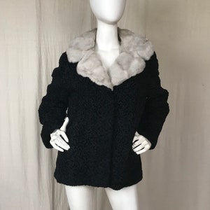 Faux Persian Lamb Coat Vintage // 60s Coat Fur Collar Vegan Black Winter Coat Medium