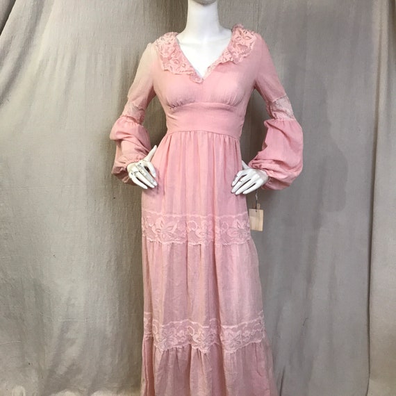 Gauze Dress Pink Lace Vintage 70s Long Bell Sleeve
